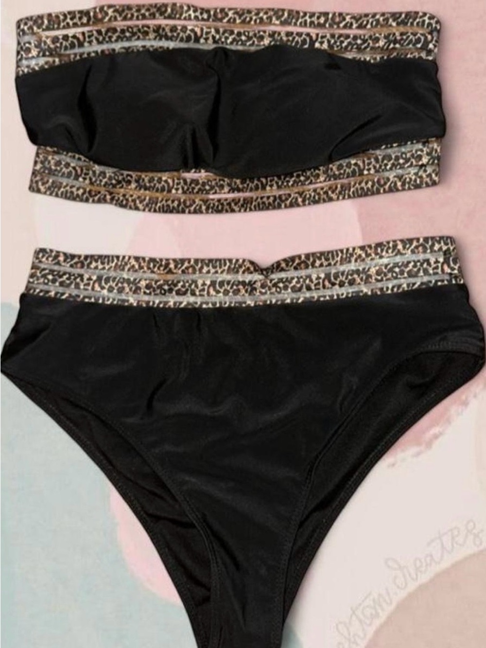 SHEIN Black Bandeau Bikini Set with Leopard Trim